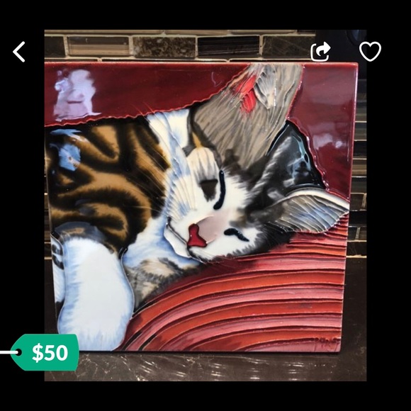 Pair of cat fine art tiles by artist Ping - Picture 3 of 3